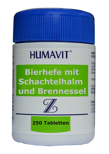 Bierhefe mit Schachtelhalm und Brennnessel, 250 Tabletten, reinigt, beseitigt Akne, Pickel, Hautbeschädigungen- und Unreinheiten, stärkt Haare, Haut, Nerven, optimiert Stoffwechsel